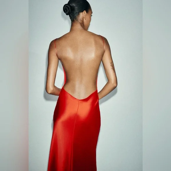 Zara NWT Romantic Blood Red Satin Effect V Neck Open Back Maxi Dress (Size XS) - Picture 5 of 10